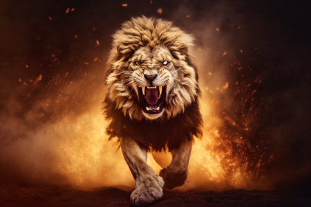 An angry lion with an open mouth. expression of anger. Portrait of a big male lion with open mouth on a dark background. Generative AI technologyの素材