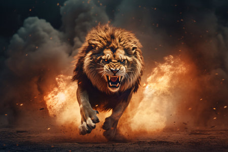 An angry lion with an open mouth. expression of anger. Portrait of a big male lion with open mouth on a dark background. Generative AI technologyの素材