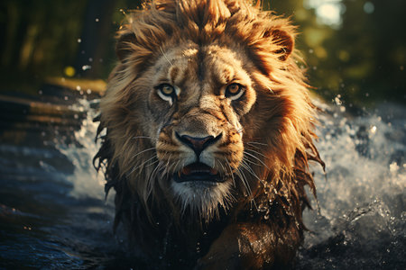 Portrait of a big male lion swimming in the water. Wildlife scene from nature.の素材