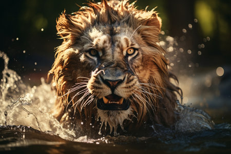 Close up portrait of a big male lion with water splashes.の素材