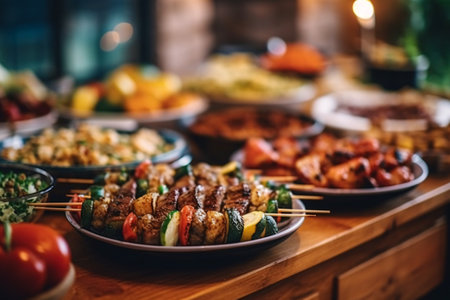 Grilled meat on skewers with vegetables on a wooden background.の素材