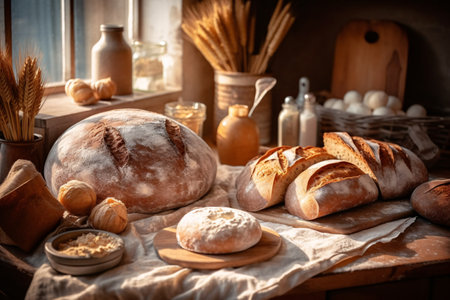 Composition with bread and bakery products on dark background. Bakery concept. Generative AI technology.の素材