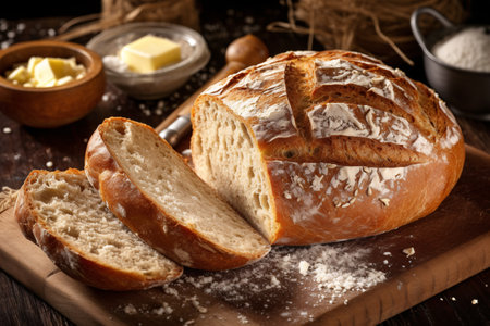 Freshly baked bread with butter and flour on a wooden board.の素材