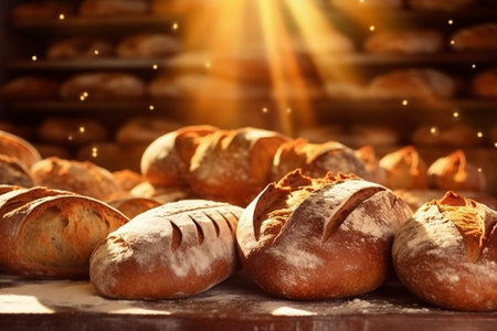 Variety of fresh breads on table in bakery. Baking conceptの素材
