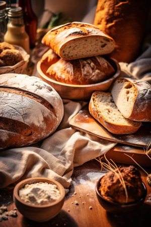 Different types of bread on a wooden table. Selective focus.の素材
