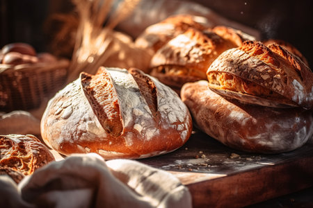 Freshly baked bread on a wooden table. Selective focus.の素材