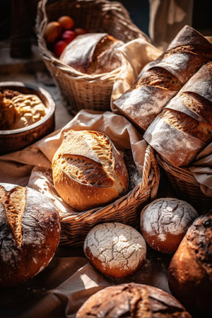 Assortment of baked bread in basket. Bakery concept. Selective focus.の素材