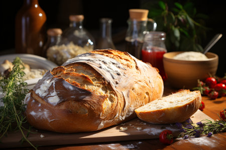 Composition with bread and bakery products on dark background. Bakery concept. Generative AI technology.の素材