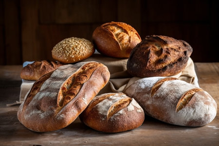 Different types of bread on a wooden table. Bakery products.の素材