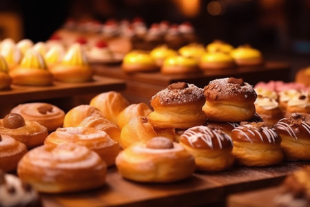 Different types of donuts on a counter in a bakery shop.の素材