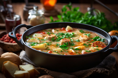 Tasty soup with meatballs, potatoes and sour cream in a panの素材