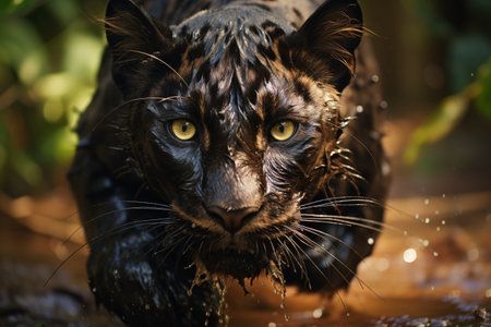 Portrait of a black panther in the rainforest, Thailand.の素材