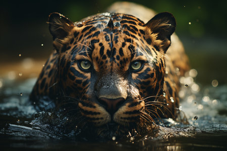 Majestic Panther jumps from water in jungle. Generative AI technologyの素材
