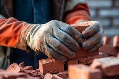 Close-up of a bricklayer working on the construction site.の素材