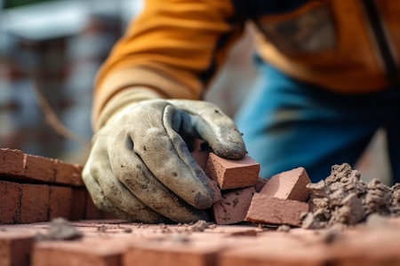 Worker lays bricks on a construction site. selective focus.の素材