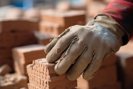 Bricklayer worker working on construction site, close-up of handsの素材
