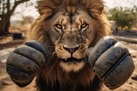 Lion boxer. Lion in boxing gloves. The lion is boxing. Generative AI technologyの素材