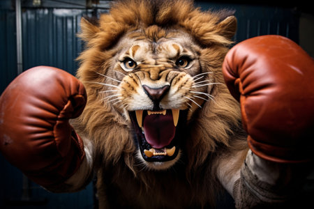 Lion boxer. Lion in boxing gloves. The lion is boxing. Generative AI technologyの素材