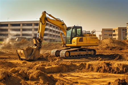 Excavator working on a construction site. Heavy duty construction equipment at work. Generative AI technologyの素材