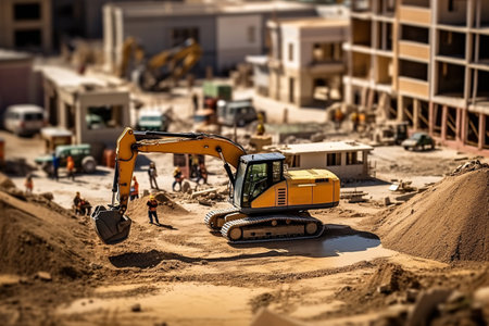 Excavator working on a construction site. Heavy duty construction equipment at work. Generative AI technologyの素材