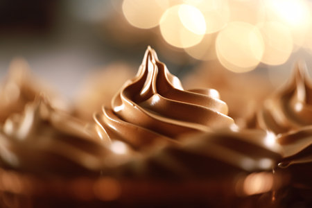 Close up of chocolate cupcake with bokeh lights background.の素材