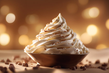 Whipped cream in a bowl on a brown background with bokehの素材