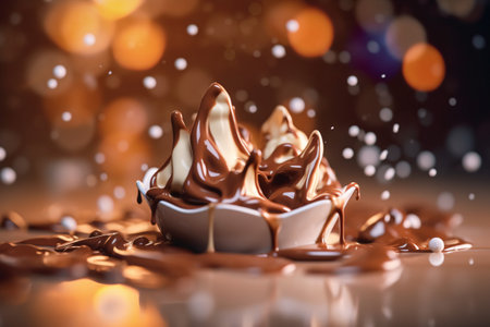 close up of chocolate cream splashing on table with bokeh backgroundの素材