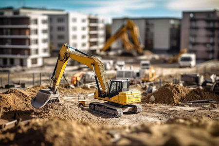 Excavator working on a construction site. Heavy duty construction equipment at work. Generative AIの素材