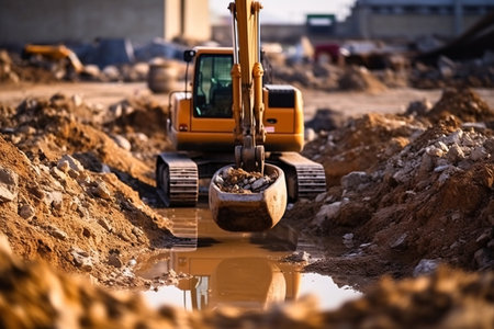 Excavator working on a construction site. Heavy duty construction equipment at work. Generative AIの素材