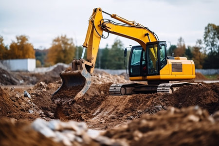 Excavator working on a construction site. Heavy duty construction equipment at work. Generative AIの素材