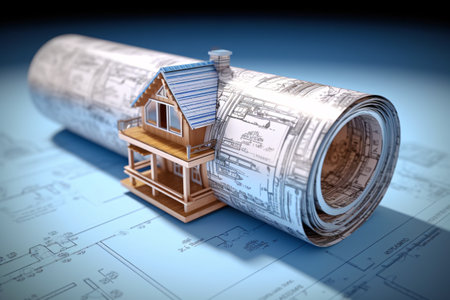 House model with blueprints on desk. Real estate development concept. Generative AI technology.の素材