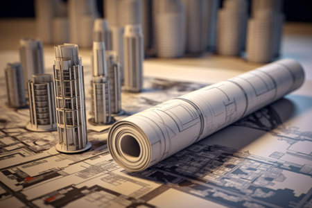 Rolls of construction drawings on the background of the building. . Real estate development concept. Generative AI technology.の素材