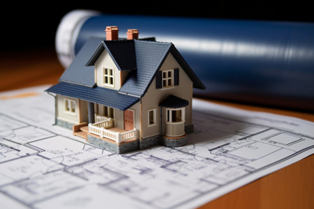 House model with blueprints on desk. Real estate development concept. Generative AI technology.の素材