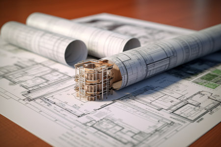 House model with blueprints on desk. Real estate development concept. Generative AI technology.の素材