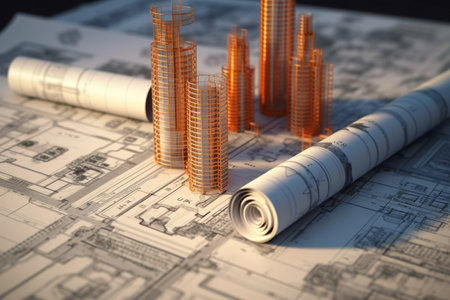 Rolls of construction drawings on the background of the building. . Real estate development concept. Generative AI technology.の素材