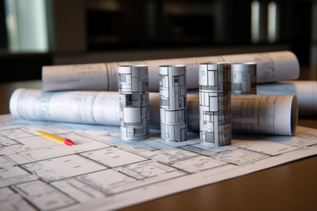 House model with blueprints on desk. Real estate development concept. Generative AI technology.の素材