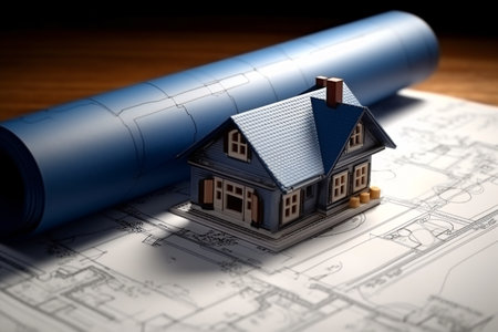 House model with blueprints on desk. Real estate development concept. Generative AI technology.の素材
