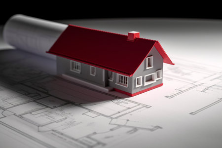 House model with blueprints on desk. Real estate development concept. Generative AI technology.の素材