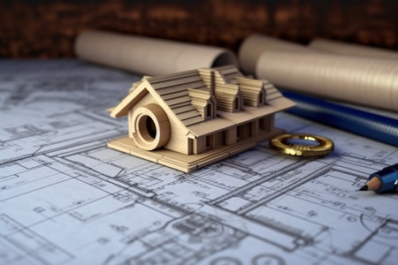 House model with blueprints on desk. Real estate development concept. Generative AI technology.の素材