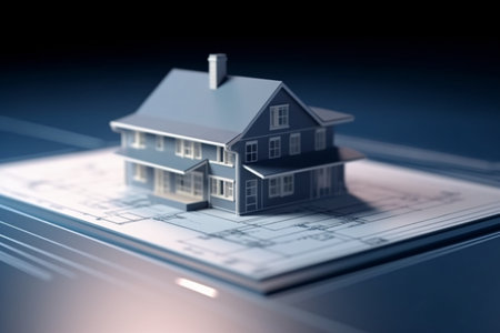 3d rendering of a house model with blueprints in the backgroundの素材