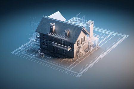 House model with blueprints on desk. Real estate development concept. Generative AI technology.の素材