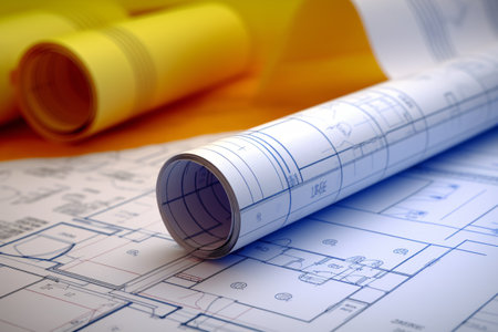 House model with blueprints on desk. Real estate development concept. Generative AI technology.の素材