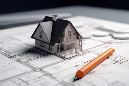 House model with blueprints on desk. Real estate development concept. Generative AI technology.の素材
