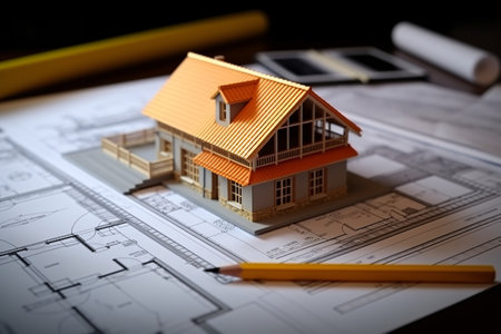 House model with blueprints on desk. Real estate development concept. Generative AI technology.の素材