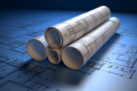 House model with blueprints on desk. Real estate development concept. Generative AI technology.の素材