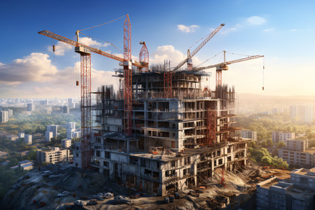 Construction site with cranes and building under construction. Crane at a construction site. Generative AI technology.の素材