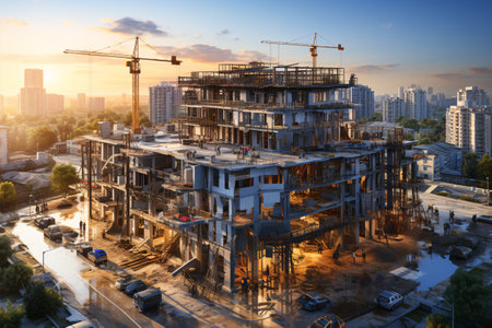 Construction site with cranes and building under construction. Crane at a construction site. Generative AI technology.の素材
