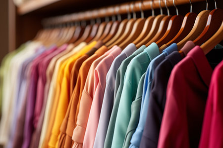 Fashion clothes on clothing rack - bright colorful closet. Summer home wardrobe.Generative AI technology.の素材