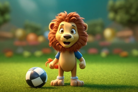 Lion with soccer ball on green field. 3d illustration.の素材