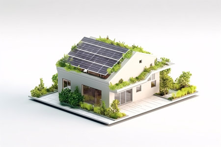 3d model, layout of an eco-friendly, energy-efficient house. Energy Efficient House. Renewable energy concept. selective focus. Generative AI technology.の素材